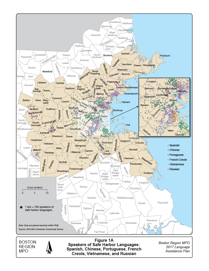 Figure 1A. Speakers of Safe Harbor Languages: Spanish, Chinese, Portuguese, French Creole, Vietnamese, and Russian
This map shows the distribution of speakers of Spanish, Chinese, Portuguese, French Creole, Vietnamese, and Russian in the Boston Region MPO area. 
